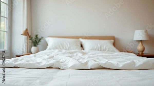 Fototapeta Calming Minimalist Bedroom Interior Design: White Bedding, Serene Atmosphere, and Simple Decor
