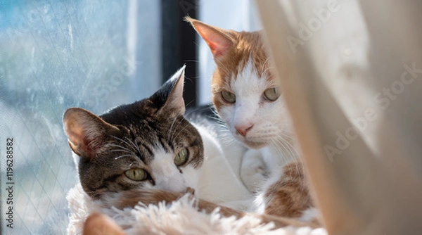 Fototapeta 窓辺でくつろぐ可愛い二匹の猫