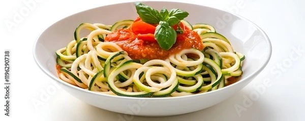 Fototapeta A sleek bowl of spiralized zucchini noodles with a tomato basil sauce and garnish, isolated on pure white background.