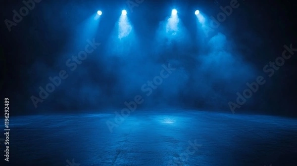 Fototapeta The dark stage shows, empty dark blue scene background, neon light, and spotlights The asphalt floor and studio room with smoke float up the interior texture for display products.