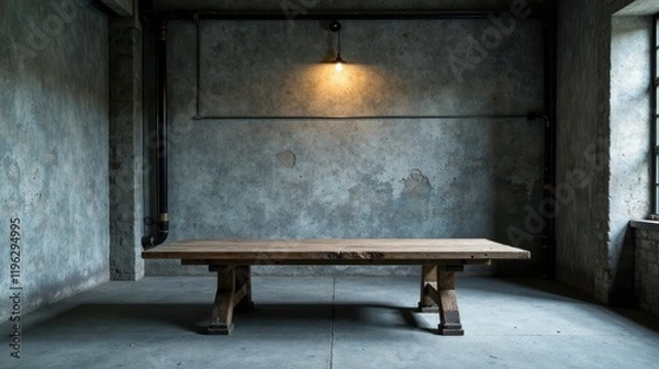 Fototapeta Rustic Wooden Table in Industrial Loft Setting with Exposed Pipes and a Single Hanging Light