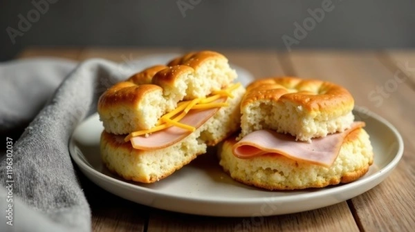 Fototapeta Scrumptious Buttery Biscuits with Sliced Ham and Melted Cheese on a Rustic Wooden Table