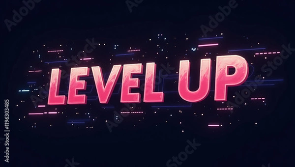 Fototapeta Level Up: Neon Glowing Text Effect: Vibrant pink and purple neon "LEVEL UP" text on dark background with futuristic digital glitch effect. Perfect for gaming, technology, or progress concepts. 