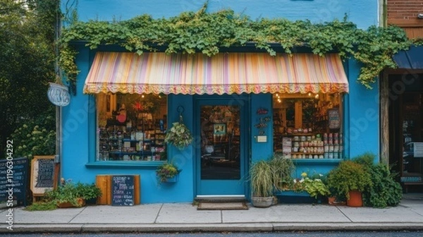 Fototapeta Inviting blue storefront with a colorful awning and greenery cascading around the entrance, radiating small-town charm
