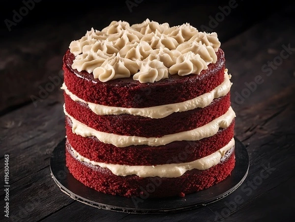 Fototapeta A layered red velvet cake with cream cheese frosting isolated on a dark wooden table