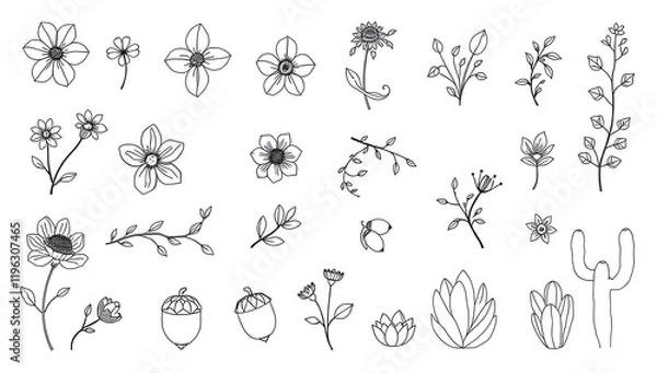 Obraz Minimalist line-art icons of botanical elements, featuring flowers, leaves, branches, vines, seeds, acorns, cacti, and succulents, drawn with no fill color on a white background."