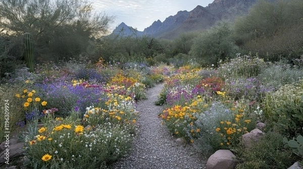 Obraz Colorful wildflowers bloom along a gravel path in a desert garden with mountains in the background.