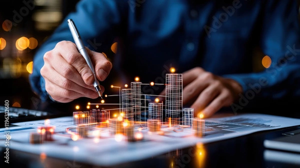 Fototapeta professional engineer designing prototype with data visualization, graphs, and charts. scene captures innovation and technology in modern workspace