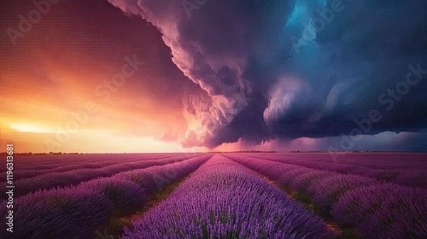 Obraz Dramatic sunset over a vibrant lavender field with an approaching storm.