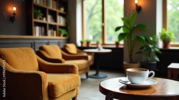 Fototapeta Warm Coffee in Tranquil Lounge Setting with Comfortable Armchairs and Lush Greenery