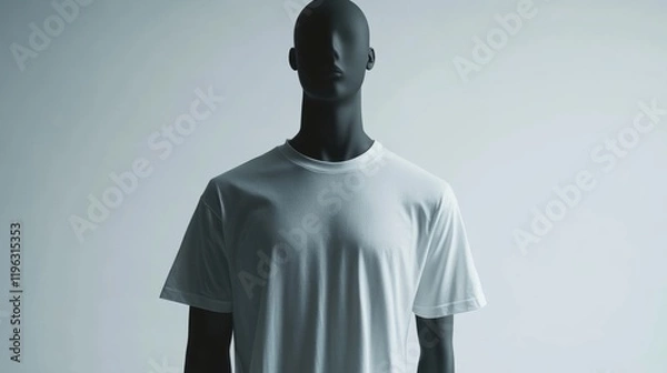 Fototapeta White t-shirt mockup displayed on a mannequin with soft shadows, front view, in a clean and simple studio setup.