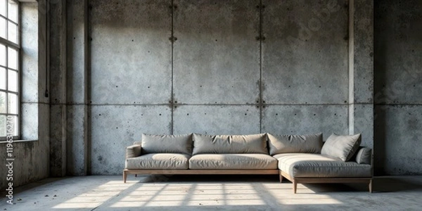 Fototapeta Modern Sectional Sofa in a Spacious Industrial Loft with Concrete Walls and Large Window