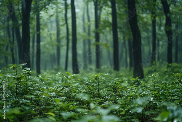Fototapeta Rain Falling Gently On Lush Forest Undergrowth