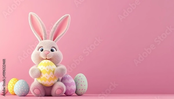 Obraz Cute 3d Plush Bunny Holding Egg Pink Background Copy Space Happy Easter Concept Greeting Card