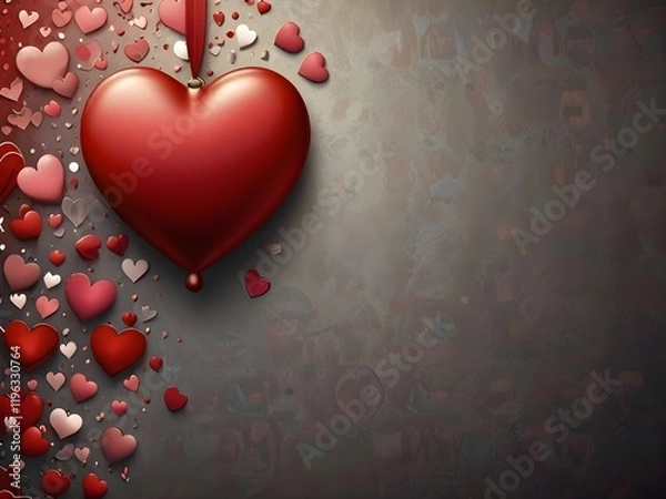 Fototapeta A red hears background, Valentine's day background with red and pink hearts like balloons on pink background, flat lay, Generative AI