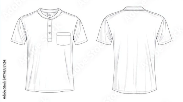 Fototapeta 35.A half-button tee shirt fashion flat technical drawing template featuring a relaxed fit. The design shows both front and back views of the unisex garment, outlined in clean, technical lines. The