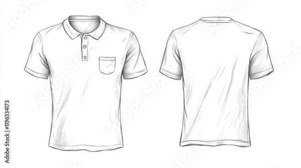 Fototapeta 41.A technical fashion drawing of a half-button unisex t-shirt, displayed in both front and back perspectives. The shirt is sketched in a relaxed fit with attention to detail, including the button