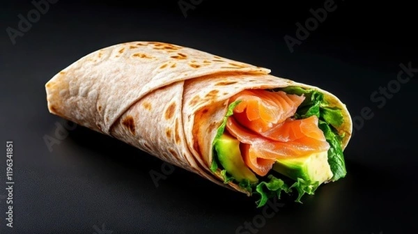 Fototapeta Freshly wrapped tortilla filled with salmon, avocado, and lettuce on a dark background