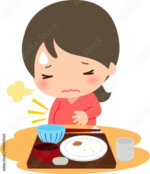 Fototapeta 食事を完食後に食べ過ぎで苦しむ女性