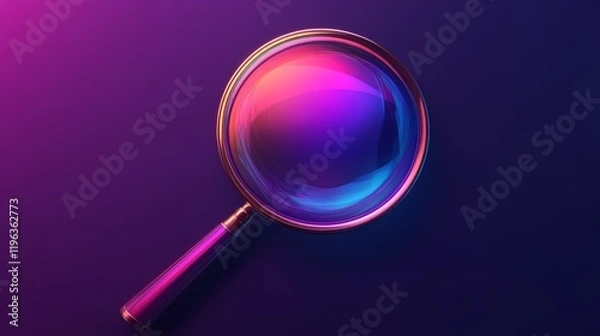 Fototapeta 59.Modern magnifying glass icon with a detailed glass effect, showcasing subtle reflections and shadows, representing zoom features in a vibrant gradient style.