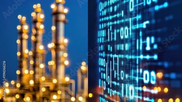 Obraz Illuminated refinery at night with digital overlay.
