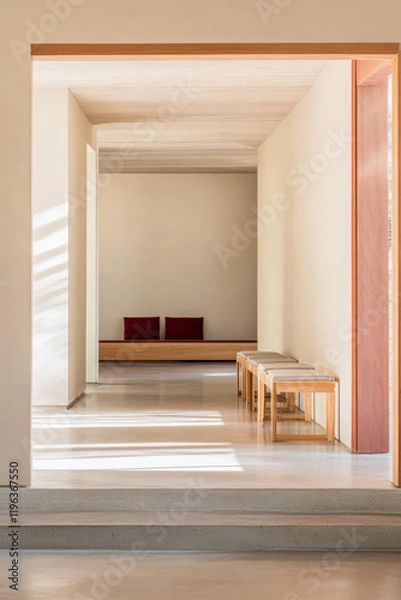 Fototapeta Modern minimalist interior design showcasing an open space with natural light in a serene setting