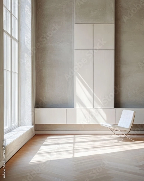 Fototapeta Bright interior space with minimalist design featuring a chair and large windows