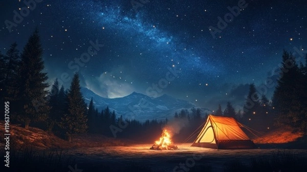 Fototapeta Camping scene with a cozy tent pitched near a crackling fire under a starry sky