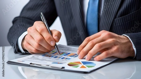 Fototapeta A manager reviewing a report in a clean, minimalistic office. The report contains analysis on the performance of an information system, focusing on key metrics and data quality.