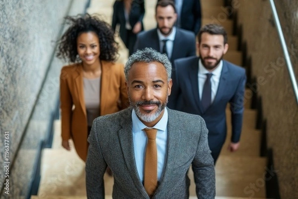 Obraz Group of diverse business people walking up the stairs in hallway. Generative AI