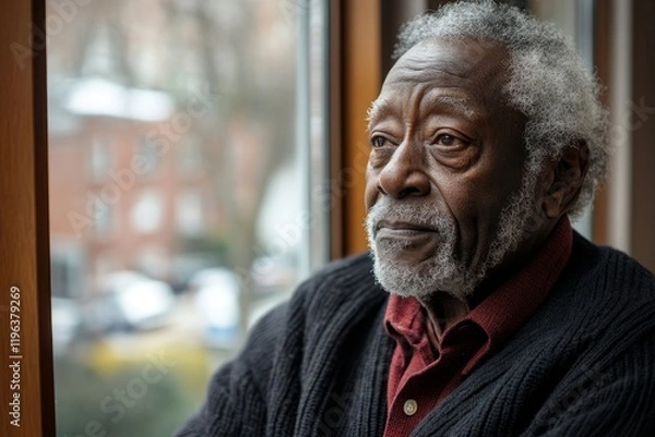 Obraz Pensive black senior man with mobility walker by window in nursing home. Generative AI
