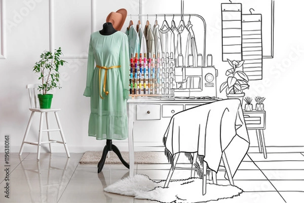 Fototapeta Interior of stylish atelier with tailor's workplace, clothes and mannequin