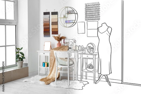 Fototapeta Interior of atelier with tailor's workplace, shelf and mannequin