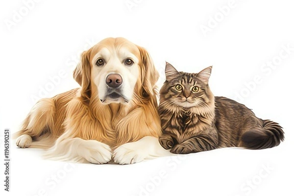 Fototapeta A golden retriever puppy and a tabby cat sitting together, displaying a bond of friendship, isolated on a white background.
