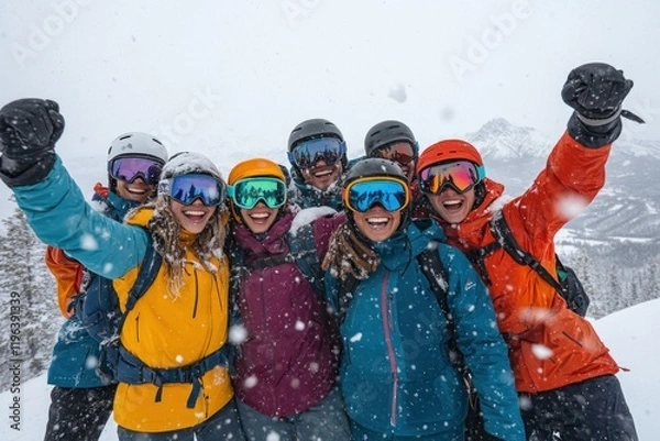 Fototapeta Unforgettable Moments: A Group of Skiers Celebrate on a Snowy Mountaintop