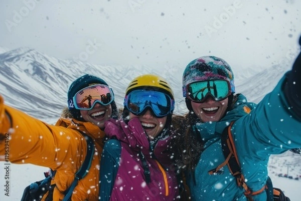Fototapeta Snowy Mountain Selfie: Three Skiers Enjoying a Winter Adventure