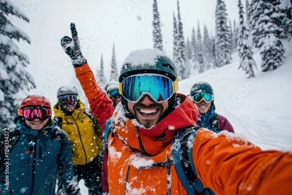 Fototapeta Skiing Adventure: Friends Celebrating on Snowy Mountain