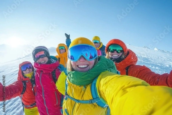 Fototapeta Joyful Skiers Summit Selfie: A vibrant winter adventure atop snow-covered peaks, showcasing the exhilaration of conquering heights and camaraderie amongst friends.