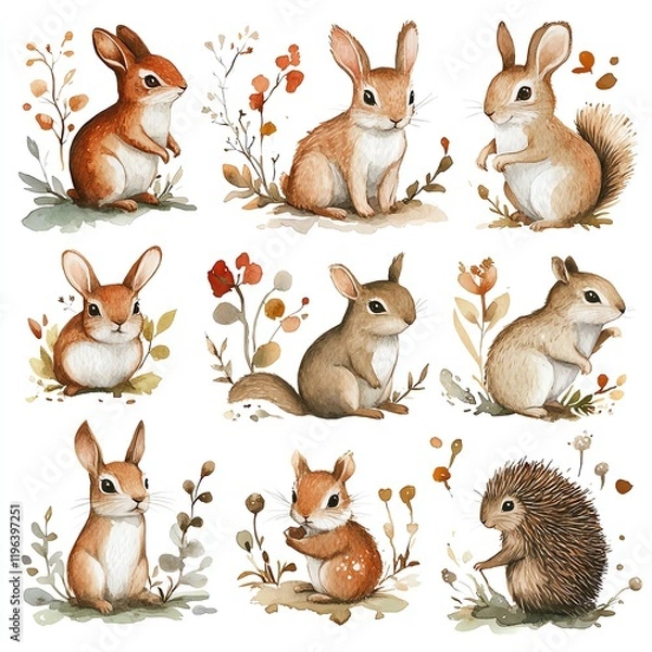 Fototapeta Watercolor woodland animals illustration featuring rabbits, squirrels, and a hedgehog in a delicate botanical setting, perfect for nature-inspired designs.