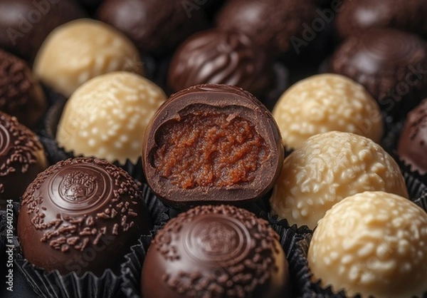 Fototapeta Delicious Assortment of Handcrafted Chocolate Truffles with Rich Filling Displayed on a Dark Background, Perfect for Desserts and Gifts