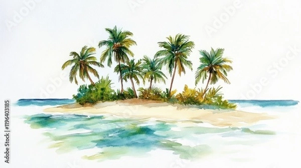 Fototapeta A watercolor illustration of an island with coconut palms, soft sand, and gentle waves, isolated on a clean background