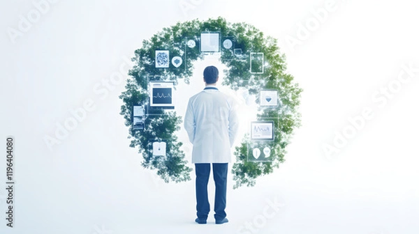Fototapeta Digital transformation in healthcare with healthtech devices and innovative technologies, revolutionizing patient care, diagnostics, and medical management.
