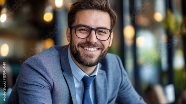 Obraz Professional man in suit with glasses and friendly smile. Perfect for consulting services, corporate culture, and modern leadership.
