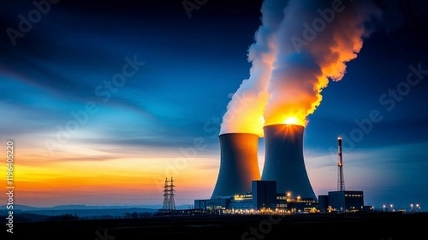 Fototapeta Majestic sunset over a nuclear power plant with steam rising and power lines in the foreground