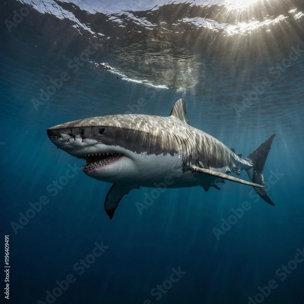 Fototapeta A great white shark floating still, capturing its size and majesty on white.