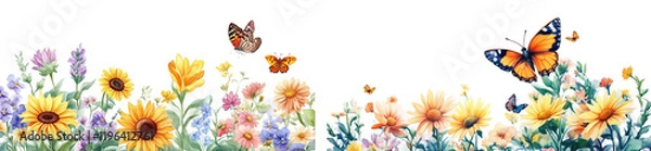 Fototapeta Vibrant watercolor painting of a summer meadow brimming with sunflowers, daisies, and butterflies. Ideal for greeting cards, website banners, or spring/summer themes.
