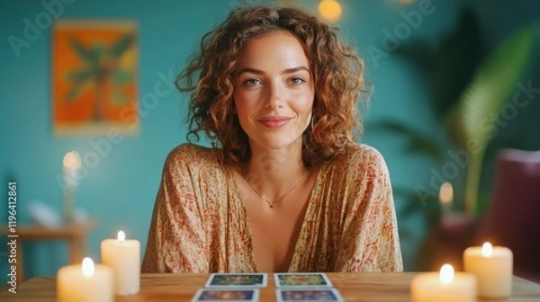 Obraz A smiling woman with curly hair sits in a cozy, candlelit setting, surrounded by colorful tarot cards, creating a warm and mystical atmosphere.
