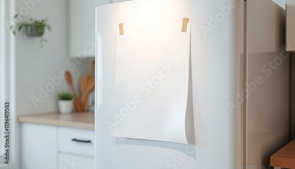Obraz Blank paper note attached to white refrigerator door