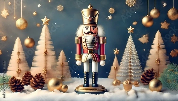 Fototapeta Generated image"The Enchanted Nutcracker: A Majestic Wooden Guardian Amidst Winter's Magic"