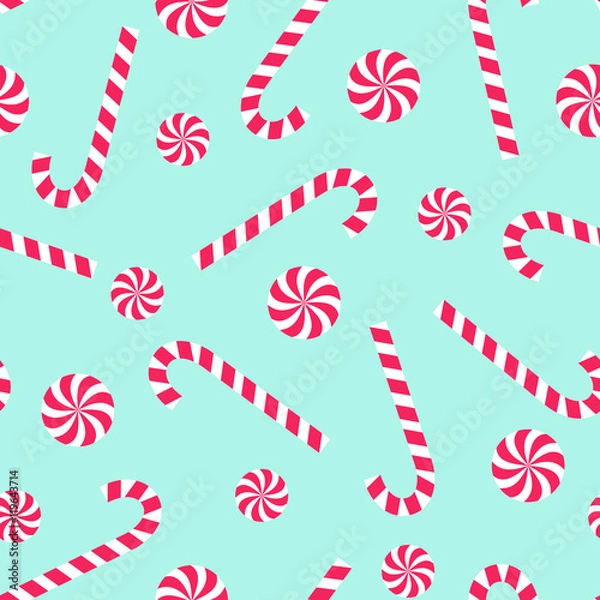 Fototapeta Candy cane and lollipop seamless christmas pattern on mint green background. Happy New Year and Merry Xmas background. Vector winter holidays print for textile, wallpaper, fabric, wallpaper.
